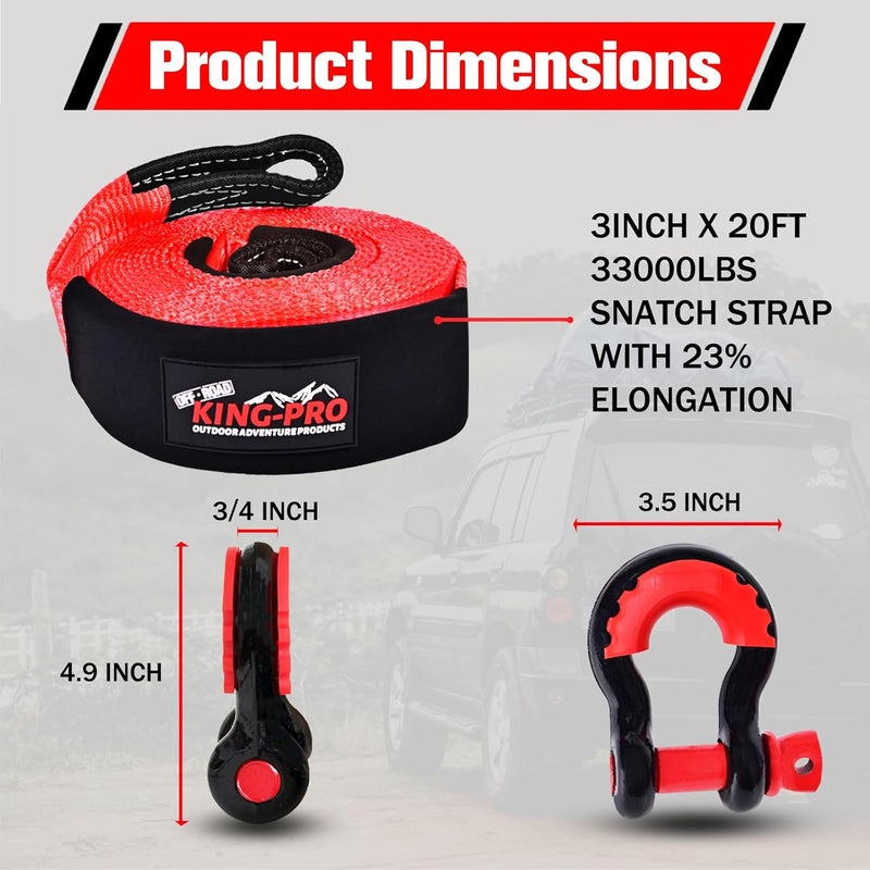 KING-PRO Snatch Strap Recovery Kit 3" x 20ft, 33,000lbs Breaking Strength with 23% Elongation, 100% Nylon Kinetic Towing Strap with 2pcs Heavy Duty 3/4 D Ring Shackles for Truck SUV ATV Off Road - Image 2